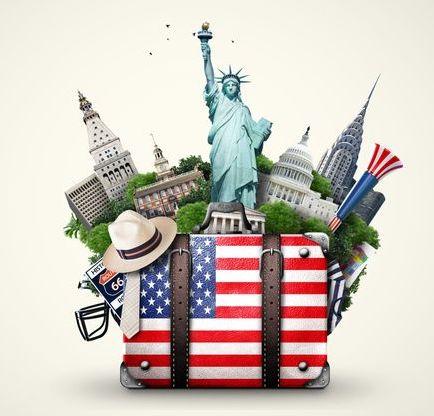 suitcase wrapped in american flag with icons like statue of liberty and empire state building bulging out of it